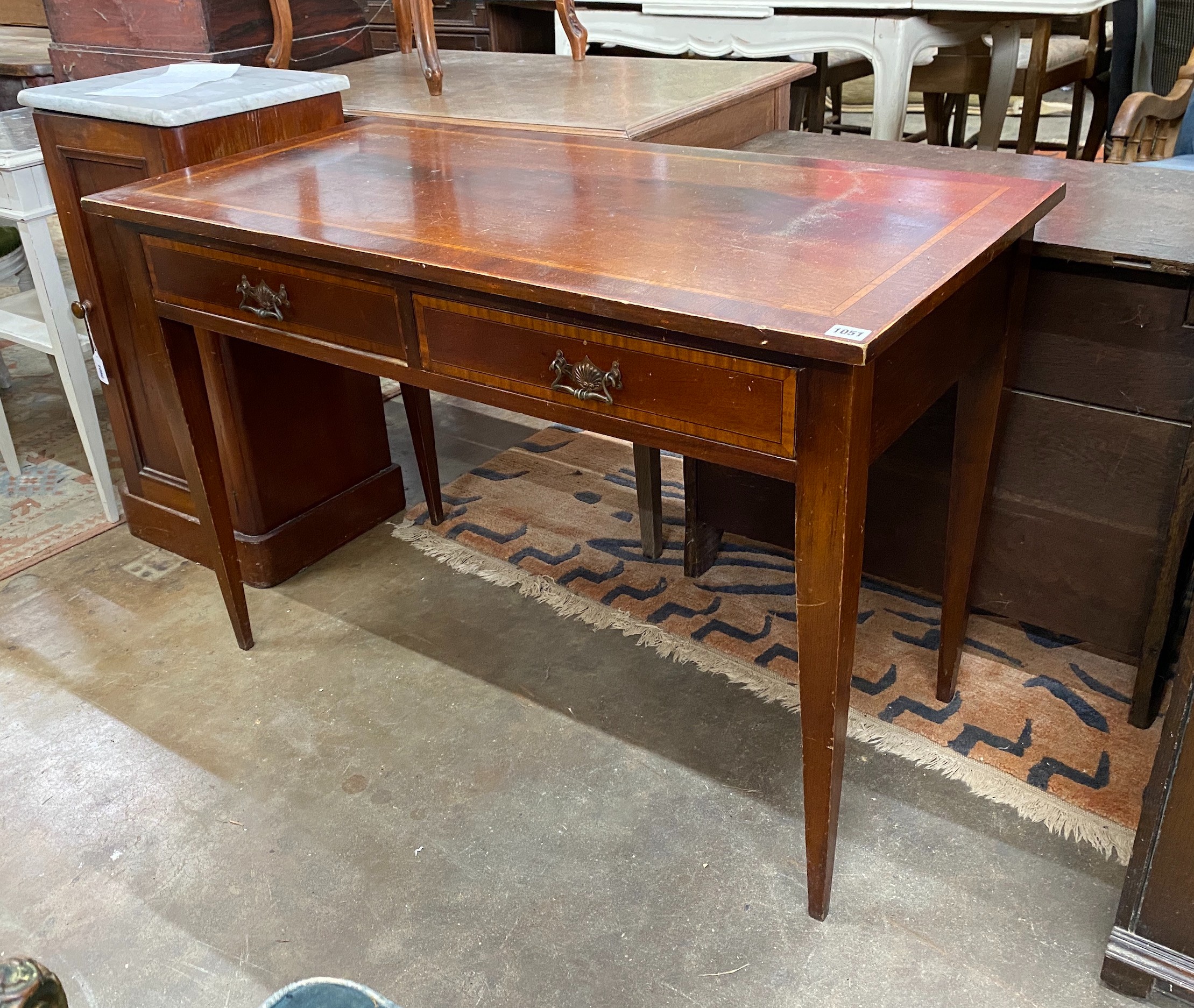 An Edwardian satinwood banded mahogany two drawer side table, width 105cm, depth 52cm, height 71cm